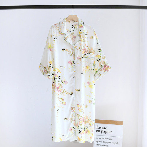 夏季人造棉睡裙女短袖中长款棉绸家居服开衫翻领碎花超薄空调凉快 - 图0