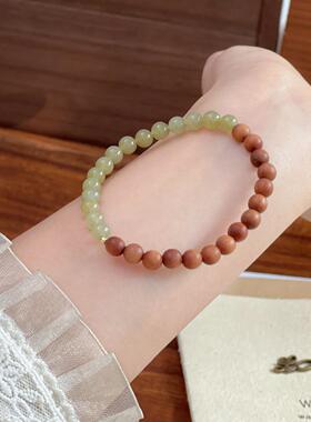 天然和田玉檀木双拼手串半山半水珠串手链新中式禅意饰品首饰