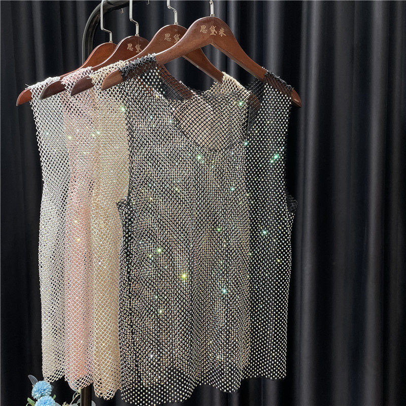 男女款夏季闪亮璀璨亮钻背心镂空烫钻超仙百搭上衣薄款透视网衫,淘宝优惠券,粉丝福利购,淘宝优惠卷