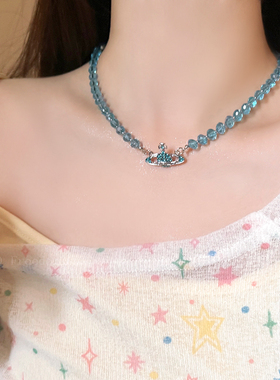 蓝色水晶串珠星球项链女夏日清凉感锁骨链轻奢气质百搭颈链配饰品