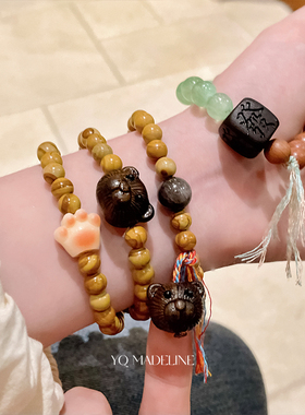 复古新中式檀木小熊串珠流苏手串国风天然石双层叠戴盘玩手链手饰