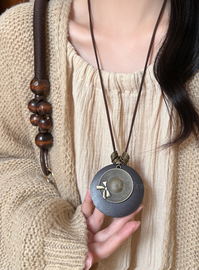 新中式禅意圆盘五星项链女复古民族风装饰毛衣链波西米亚吊坠配饰