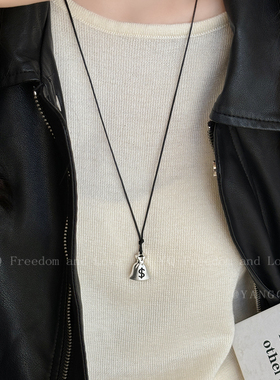 向钱进！钱袋吊坠可抽拉项链女轻奢小众高级感毛衣链秋冬长款配饰