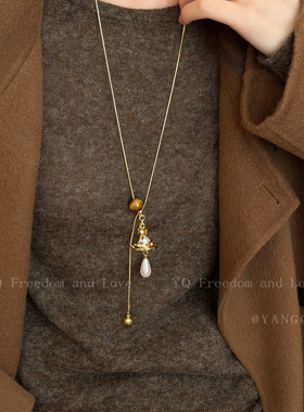 中古虎眼石珍珠星球抽拉项链女轻奢小众高级感毛衣链独特长款配饰