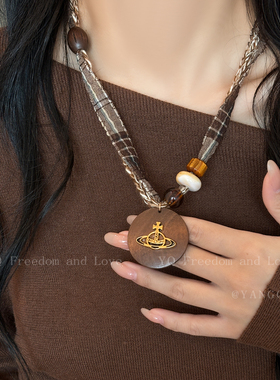 美拉德土星串珠格纹针织丝巾项链女秋冬复古长款配饰高级感毛衣链