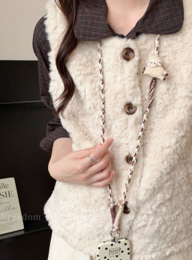 含垫片！手工编织可爱毛绒小羊斜挎可背手机挂绳女旅游防丢手机链