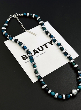蓝色串珠黑胆石项链男潮小众设计