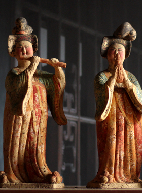 仿古彩绘乐器陶俑摆件收藏