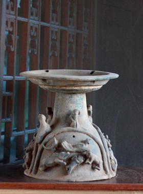 汉绿釉油灯仿古陶器灯台摆件装饰