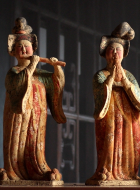 仿古彩绘乐器陶俑摆件收藏