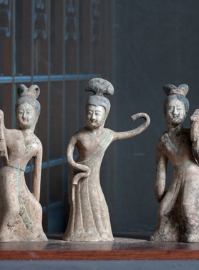 唐代陶俑侍女摆件乐器俑跳舞甩袖俑古典装饰物古玩仿古老货收藏品