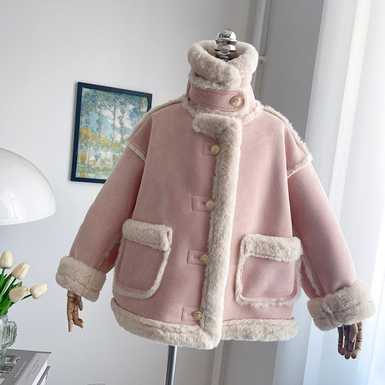 Girls' fur one-piece winter new style Korean fashionable deerskin velvet thickened children's winter top