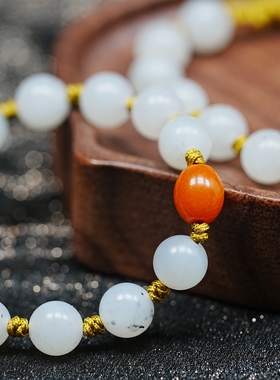 素年锦时。新疆青花籽料和田玉8毫米圆珠古董蜜蜡枣珠手链绳 T3