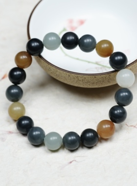 驼铃咏叹。新疆楼兰三色和田玉糖青花籽多宝柔光10毫米手链串女