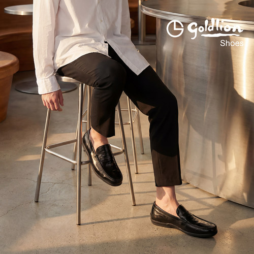 Goldlion男鞋2026春夏季新款商务休闲真皮豆豆鞋一脚蹬黑色套脚鞋 - 图1