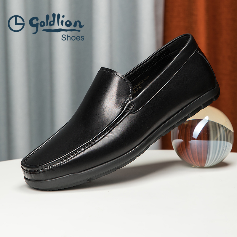 Goldlion男鞋 2025新款时尚商务休闲鞋男士皮鞋一脚蹬耐磨豆豆鞋 - 图1