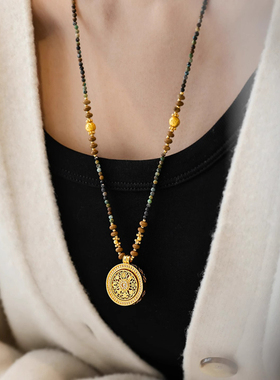 高品质~新中式天然石串珠八宝罗盘吊坠项链女金色高级轻奢毛衣链