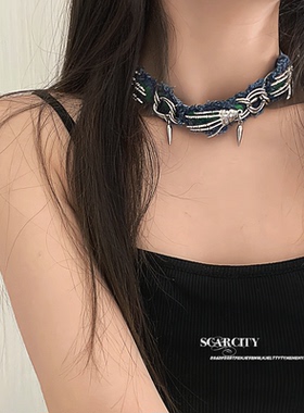 choker朋克鬼爪链条缠绕手工子弹头y2k小众设计牛仔布女颈链项链