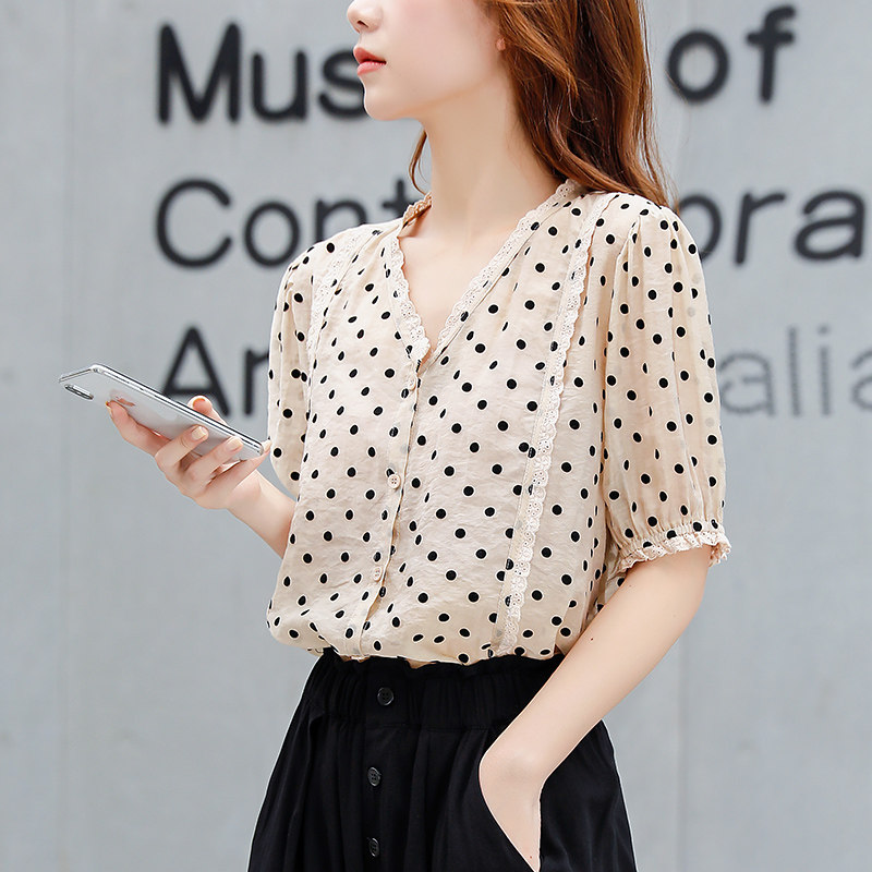 波点女短袖2020夏季新款韩版雪纺衫 碧沁伊人蕾丝衫/雪纺衫