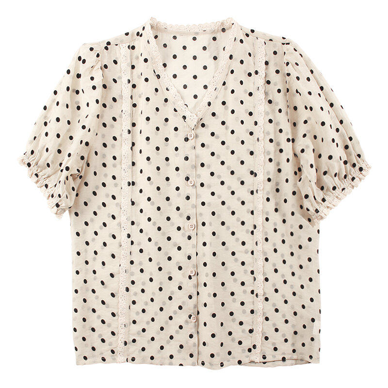 波点女短袖2020夏季新款韩版雪纺衫 碧沁伊人蕾丝衫/雪纺衫