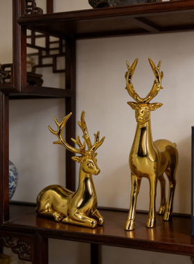金色招财小鹿摆件客厅电视柜酒柜装饰品玄关电镀工艺新中式鹿摆件