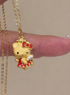 女士黄金色保色沙金hellokitty凯蒂猫蝴蝶结吊坠项链可爱锁骨链女