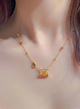 2025新款女士个性珐琅百搭高级感高温金色长命百岁锁项链女锁骨链