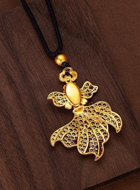 2025项链古法金沙金红金鱼黑绳吊坠女珐琅锦绣锦鲤鱼尾挂坠毛衣链