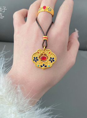 2025新款国风棕绳凤华玲珑锁包项链女铜镀沙金宫廷风送礼古风首饰