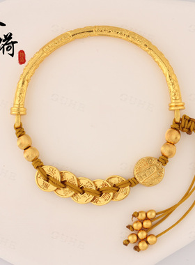 2025金店同款沙金五帝钱币五路财神半镯编绳手链新中式复古手串女
