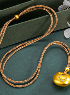 2025新款越南沙金镶钻胖福福字小金坨锁包吊坠绑绳项链毛衣链饰品