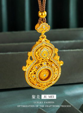 黄金色沙金点钻微镶福禄双全吊坠女人生四美花丝镂空葫芦福禄挂件