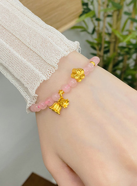 2025新款复古中式铃兰花粉水晶手串轻奢甜美小桃花手链女送礼首饰