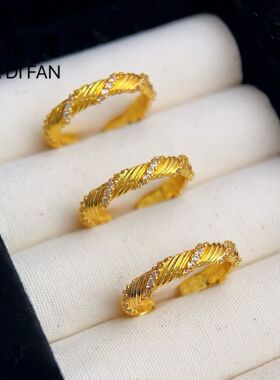 沙金点钻拉丝斜纹开口戒指复古轻奢高级感满天星黄金色麻花女指环