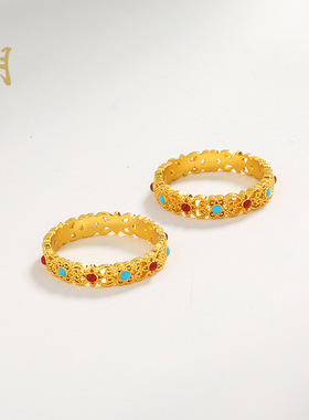 女款沙金红绿镶嵌蜻蜓眼镂空花瓣戒指黄金色蝴蝶结对戒时尚指环女