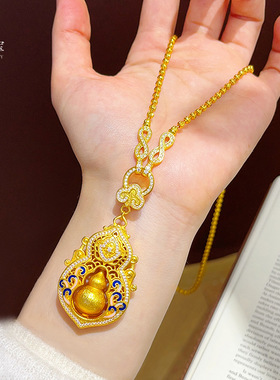 2025款沙金点钻青花瓷四美葫芦项链女士时尚拉丝福禄可转动毛衣链
