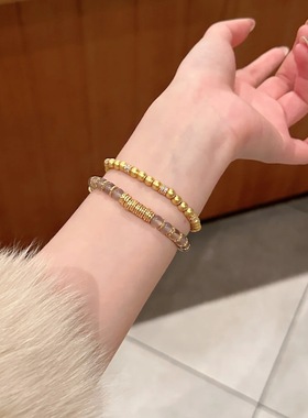 2025玉生烟清冷感冰透灰玛瑙沙金锤纹盘缠手链女叠戴跑环点钻手串