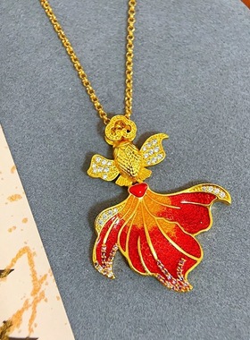 2025女款黄金色沙金烧蓝点钻红色锦鲤鱼项链毛衣链不掉色时尚首饰