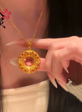 女款沙金宫廷国风星汉承平花镂空平安扣吊坠豪华高级感黄金色项链