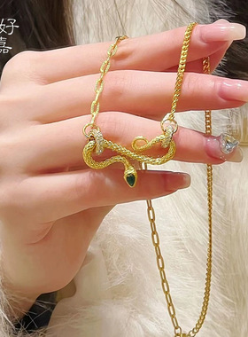 2025新款女式镶钻跑环灵蛇吊坠青蛇项链轻奢锁骨链本命蛇年毛衣链