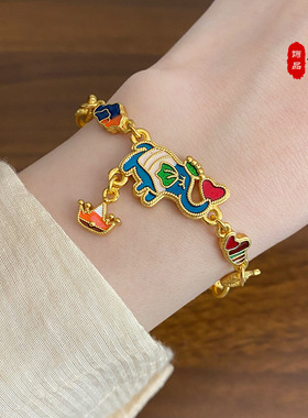 2025新款女士蓝色大象手链烧蓝手饰高级感珐琅彩流行女饰品手串