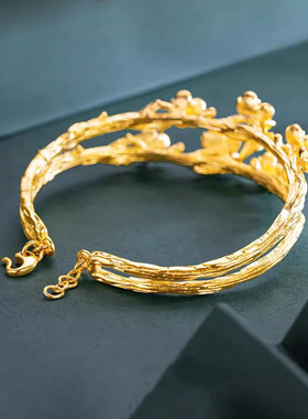 2025新款黄金色沙金手镯双层桃花树枝镯子开口时尚高级感女士手环