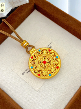 新中式女式古法黄金色沙金珐琅彩金刚杵八宝罗盘吊坠福运吉祥项链
