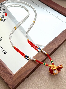 2026沙金珐琅彩马上有钱唐马吊坠女黄金色diy红玛瑙唐马项链挂坠