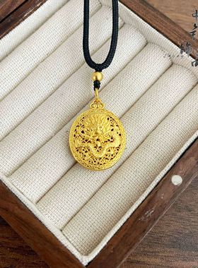 男女同款黄金色高保色古法沙金镂空龙凤圆牌吊坠生肖龙牌挂坠项链