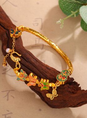 2025黄金色沙金半镯不掉色蝴蝶珍珠半月手链高级感手镯送女友手环