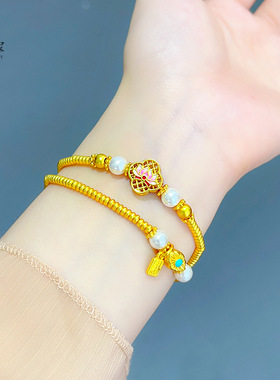 金店周家同款沙金宋韵粉桃花镂空弯管珍珠双圈手链女花开福临手串