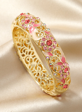 2025女款复古中国风景泰蓝手镯开口镂空镶钻珐琅旗袍时尚国风镯子