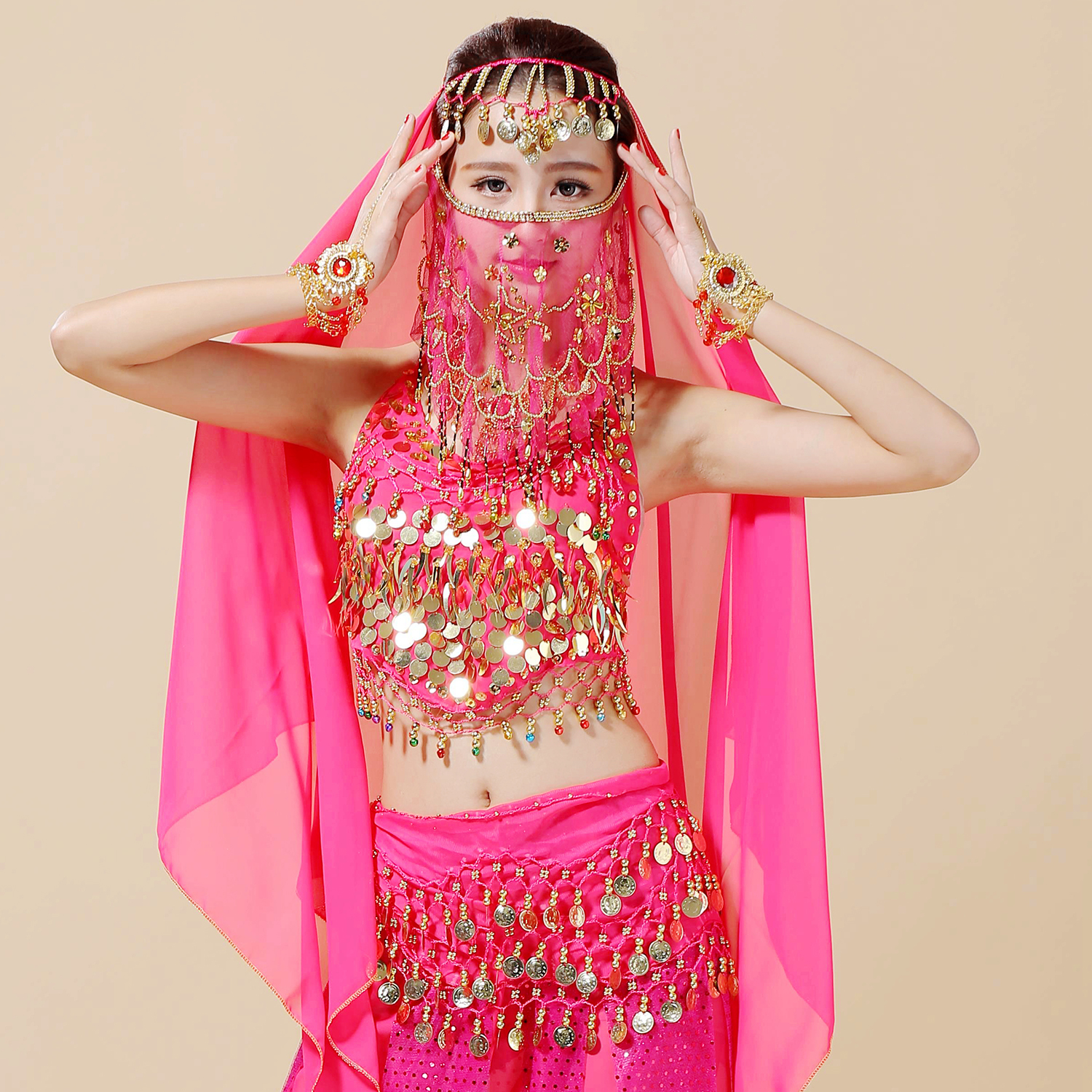 肚皮舞服装印度表演出服面纱舞蹈演出配饰品项链上衣手链头饰纱巾