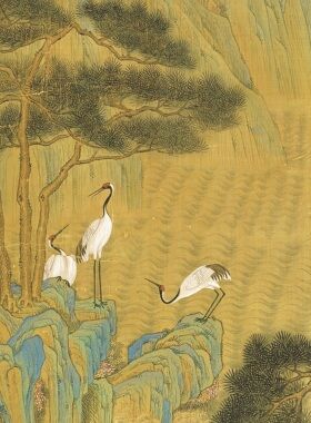 松鹤图青绿国画横幅画芯